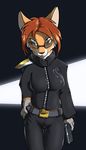  belt blue_eyes breasts canine chazcatrix eyewear female fox glasses gloves hair handgun mammal maria_rook red_hair shoulder_guards solo vixen weapon 