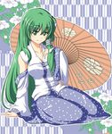  adon2008 breasts flower frog green_eyes green_hair hair_ornament kochiya_sanae long_hair medium_breasts oriental_umbrella snake solo touhou umbrella yagasuri 