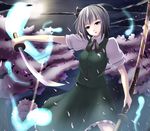  black_hairband dual_wielding ghost green_eyes hairband hitodama holding katana konpaku_youmu scabbard sheath short_hair silver_hair solo sword tog_(shoten) touhou vest weapon 