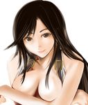  bare_shoulders black_hair breast_hold breasts brown_eyes cleavage covering final_fantasy final_fantasy_vii lips long_hair md5_mismatch medium_breasts nose open_clothes open_shirt shirt simple_background solo tifa_lockhart tokita_monta upper_body 