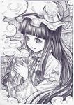  bangs blunt_bangs blush crescent cup face graphite_(medium) greyscale hands hat highres light_smile lips monochrome patchouli_knowledge sakino_shingetsu sketch solo steam tea teacup touhou traditional_media 