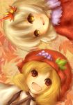  absurdres aki_minoriko aki_shizuha amanojaku bad_id bad_pixiv_id blush food fruit grapes hair_ornament hat highres leaf leaf_hair_ornament multiple_girls open_mouth siblings sisters smile touhou 