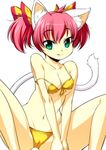  :p animal_ears aqua_eyes bikini breasts cameltoe cat_ears cat_tail cleavage collarbone covered_nipples eyebrows_visible_through_hair green_eyes hands_together large_breasts looking_at_viewer navel onija_tarou original red_hair short_hair simple_background solo strap_slip swimsuit tail tongue tongue_out twintails v_arms white_background yellow_bikini 