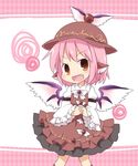  animal_ears blush brown_dress brown_eyes chibi dress earrings fang hands_clasped hat highres jewelry mystia_lorelei open_mouth own_hands_together pink_hair solo touhou wings yamabuki_(yusuraume) 
