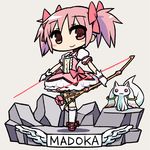 arrow blush_stickers bow bow_(weapon) chan_co chibi choker crossed_legs faux_figurine flower gloves hair_bow kaname_madoka kyubey magical_girl mahou_shoujo_madoka_magica pink_eyes pink_hair puffy_sleeves rock shoes short_hair short_twintails simple_background smile standing twintails weapon white_gloves wide_face 