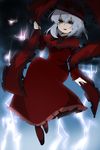  alternate_color black_eyes capelet dress electricity frills hat hat_ribbon lightning nagae_iku oniku_(mndayo) player_2 ribbon scarf short_hair silver_hair solo touhou 