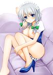  bare_legs barefoot blue_eyes blush braid breasts breasts_outside couch head_rest high_heels izayoi_sakuya leaning maid maid_headdress medium_breasts nikoo nipples panties shoes short_hair silver_hair single_shoe solo striped striped_panties touhou twin_braids underwear 
