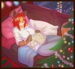  balls c: canine christmas_tree clothing feline female fox foxcat foxytangerine indoors lintu pillow pregnant red_hair resting snow sofa solo window xmas yellow_eyes 