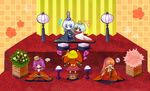  blonde_hair blue_hair chibi flandre_scarlet food hat hina_ningyou hinamatsuri hishimochi hong_meiling izayoi_sakuya mochi multiple_girls patchouli_knowledge purple_eyes purple_hair red_eyes red_hair remilia_scarlet ritual_baton saishi seiza silver_hair sitting sleeping tate_eboshi touhou wagashi yutsuka_(amyucca) 