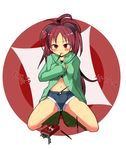  blush boots bow food hair_bow kamiyoshi_rika knee_boots long_hair mahou_shoujo_madoka_magica mouth_hold navel pocky ponytail red_eyes red_hair sakura_kyouko shirt_lift short_shorts shorts solo squatting translated 