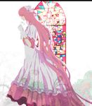  bad_id bad_pixiv_id bow closed_eyes dress flower gloves hair_bow kaname_madoka lily_(flower) long_hair mahou_shoujo_madoka_magica older panda-kun_(papapa) pink_hair profile solo stained_glass ultimate_madoka very_long_hair white_gloves 