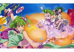 1girl ;p absurdres ahoge apron arm_up arms_up artist_request barefoot bloomers bow breasts choker cleavage covered_nipples crying crying_with_eyes_open dress drill_hair frilled_cuffs frills full_body green_hair hair_bow highres holding macross macross_frontier macross_frontier:_sayonara_no_tsubasa navel necktie one_eye_closed oosanshouuo-san open_mouth ranka_lee red_eyes short_hair tears tongue tongue_out twin_drills underwear wrist_cuffs 