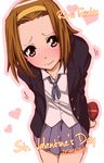  arms_behind_back blazer blush brown_eyes brown_hair english fidgeting gift hairband heart holding holding_gift jacket k-on! mist'n object_behind_back school_uniform short_hair simple_background skirt solo tainaka_ritsu valentine wavy_mouth 
