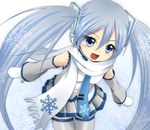  :d blue_eyes blue_hair detached_sleeves from_above hatsune_miku long_hair lowres mittens necktie open_mouth scarf skirt smile solo thighhighs tsujiori twintails very_long_hair vocaloid white_scarf yuki_miku 