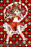  &gt;:) ascot bobby_socks bow breasts brown_eyes brown_hair crest detached_sleeves foreshortening gohei hair_bow hakurei_reimu hands highres mahan mary_janes midriff navel no_bra shoes short_hair small_breasts smile socks solo standing touhou underboob v-shaped_eyebrows wind 