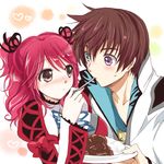  1girl asbel_lhant blue_eyes blush brown_eyes brown_hair cheria_barnes couple feeding food hair_ribbon hetero heterochromia kurimomo open_clothes plate purple_eyes red_hair ribbon rice short_hair tales_of_(series) tales_of_graces twintails 