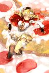  beret blonde_hair cake drill_hair fingerless_gloves food gh_(ront) gloves hat in_food loose_thighhigh mahou_shoujo_madoka_magica minigirl puffy_sleeves short_hair smirk solo thighhighs tomoe_mami yellow_eyes 