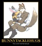  blonde_hair brown canine couple cute eyes_closed female hair hug lagomorph long_blonde_hair long_hair male motivational_poster nude poster rabbit straight tackle tail unknown_artist wolf 