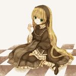  bad_id bad_pixiv_id blonde_hair checkered checkered_floor gosick gothic_lolita green_eyes lolita_fashion long_hair mizutamako on_floor pipe sitting solo very_long_hair victorica_de_blois 