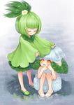  cloak closed_eyes cottonee curly_hair flower gen_5_pokemon green_hair hair_flower hair_ornament knees_up multiple_girls outstretched_arms personification petilil pokemon rain sanmi_tenten shared_clothes sitting slippers standing tears yellow_eyes 