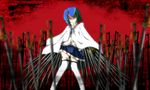  akenoin_soumon bad_id bad_pixiv_id blue_eyes blue_hair blurry cape depth_of_field field_of_blades magical_girl mahou_shoujo_madoka_magica miki_sayaka planted_sword planted_weapon short_hair solo sword thighhighs unlimited_blade_works weapon white_legwear zettai_ryouiki 