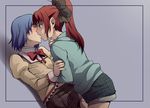  bad_id bad_pixiv_id blue_hair blush bow casual closed_eyes denim denim_shorts hair_bow hand_under_clothes kiss long_hair mahou_shoujo_madoka_magica miki_sayaka mitakihara_school_uniform multiple_girls ponytail red_hair sakura_kyouko school_uniform short_hair shorts suppy yuri 