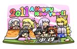  6+girls :q animal_ears black_hair blazer blonde_hair brown_eyes brown_hair calligraphy calligraphy_brush cat_ears chen dora_ita earrings fox_ears fox_tail handheld_game_console houraisan_kaguya inaba_tewi jacket jewelry kotatsu long_hair multiple_girls multiple_tails necktie new_year newspaper nintendo_ds no_hat no_headwear paintbrush painting parody playing_games purple_hair reisen_udongein_inaba short_hair silver_hair sleepy snow_bunny style_parody table tail tongue tongue_out touhou yagokoro_eirin yakumo_ran yakumo_yukari yawning 