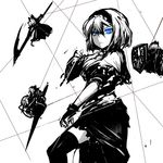  alice_margatroid blonde_hair blue_eyes fingerless_gloves gloves glowing glowing_eyes monochrome puppet_rings puppet_strings shanghai_doll short_hair solo soubi spot_color string thighhighs touhou zettai_ryouiki 