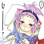  animal_ears blush bra bunny_ears face from_above komeiji_satori lingerie looking_at_viewer pov purple_hair red_eyes solo staring sweater third_eye touhou underwear white-aster 