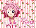  ahoge animal_ears arm_gloves bare_shoulders blue_eyes dog_days dog_ears dress hair_ribbon highres millhiore_f_biscotti open_mouth pink_hair ribbon short_hair smile solo 