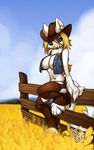  blonde_hair blue_eyes breasts cat chaps chest_tuft clothing cowboy_hat cowgirl denim feline female fur hair hat looking_at_viewer mammal navel nipples open_shirt outside pink_nose shirt solo tuft 