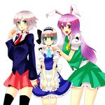  animal_ears bad_id bad_pixiv_id braid bunny_ears cosplay costume_switch hands_on_shoulders izayoi_sakuya izayoi_sakuya_(cosplay) konpaku_youmu konpaku_youmu_(cosplay) long_hair maid maid_headdress multiple_girls purple_hair reisen_udongein_inaba reisen_udongein_inaba_(cosplay) short_hair silver_hair stage_connection thighhighs touhou twin_braids yutazou 