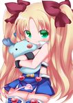  astarotte_ygvar bare_shoulders blonde_hair blush bow child green_eyes hair_bow hug long_hair lotte_no_omocha! popped_collar stuffed_animal stuffed_toy tail twintails 