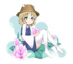  alcohol_(coldfront) aqua_eyes bad_id bad_pixiv_id blonde_hair eyes flower hat lily_pad lotus moriya_suwako short_hair simple_background sitting solo thighhighs touhou white_legwear 