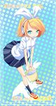  aqua_eyes bad_id bad_pixiv_id blonde_hair bucket bucket_of_water hair_ornament hair_ribbon hairclip headphones highres kagamine_rin mitsugushi_yuu polka_dot ribbon short_hair skirt smile solo vocaloid 