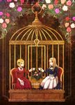  ado002 axis_powers_hetalia belarus_(hetalia) birdcage blonde_hair bow brown_eyes cage chair cup green_eyes hair_bow hair_ribbon liechtenstein_(hetalia) long_hair multiple_girls ribbon short_hair sitting teacup 