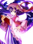  book bow crescent flying_paper hat ichinose_natsuki long_hair magic_circle open_book paper patchouli_knowledge purple_eyes purple_hair simple_background solo touhou white_background 