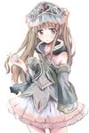  alternate_costume atelier_(series) atelier_meruru atelier_totori blue_sleeves brown_hair dress grey_eyes hat hood hoodie long_hair maromi_(am97) md5_mismatch simple_background sleeves_past_wrists solo totooria_helmold 