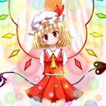  arms_behind_back ascot blonde_hair blush flandre_scarlet hat hat_ribbon head_tilt laevatein mount_whip red_eyes ribbon short_hair skirt smile solo touhou weapon wings 