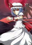  absurdres akiteri bad_id bad_pixiv_id bat_wings blue_hair brooch chain dress fingernails full_moon hat hat_ribbon highres jewelry long_fingernails moon nail_polish polearm red_eyes red_moon remilia_scarlet ribbon short_hair slit_pupils solo spear spear_the_gungnir touhou weapon wings wrist_cuffs 