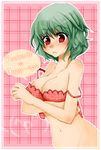  ^q^ blush bottomless bra breasts cleavage frown green_hair groin kazami_yuuka large_breasts lingerie mimiumu navel off_shoulder pink_background plaid plaid_background plaid_bra red_eyes short_hair solo strap_slip touhou underwear upper_body 