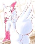  back blush butt claws face_markings g-sun over_the_shoulder pok&eacute;mon red_eyes solo standing tail white zangoose 