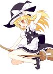  blonde_hair blush broom hat kirisame_marisa long_hair mary_janes meito_(maze) no_socks shoes solo touhou v witch_hat yellow_eyes 