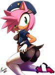  amy_rose butt female gloves green_eyes hair hedgehog jacket legwear looking_at_viewer mammal nancher pink pink_body pink_hair plain_background police police_uniform sega solo sonic_(series) stockings tail uniform white_background 