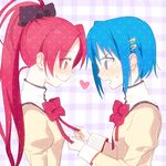  blue_hair blush mahou_shoujo_madoka_magica miki_sayaka mitakihara_school_uniform multiple_girls piyodera_mucha ponytail red_eyes red_hair sakura_kyouko school_uniform 