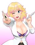  blonde_hair blue_eyes bra breasts brown_hair cleavage dual_wielding glasses holding large_breasts lingerie one_eye_closed open_mouth original short_hair sleeves_rolled_up solo syringe thermometer ueyama_michirou underwear 