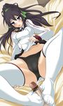  black_panties blue_eyes blush footjob hair_ribbon infinite_stratos long_hair midriff momio open_mouth panties penis ponytail ribbon shinonono_houki sitting solo_focus spread_legs thighhighs underwear white_legwear 