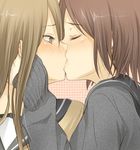  2girls blush brown_eyes brown_hair eyes_closed hand_on_face hand_on_head kiss kissing long_hair school_uniform short_hair source_request surprise surprised yuri 