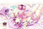  arm_garter azumi_kazuki book candy food fork frilled_pillow frills fruit gift long_hair lying navel patchouli_knowledge pillow purple_eyes purple_hair solo strawberry thighhighs touhou white_legwear 