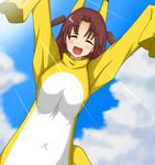  animal_ears blush brown_hair cloud clouds costume eyes_closed highres infinite_stratos long_hair nohotoke_honne open_mouth oversized_clothes sky sleeves_past_wrists smile solo 